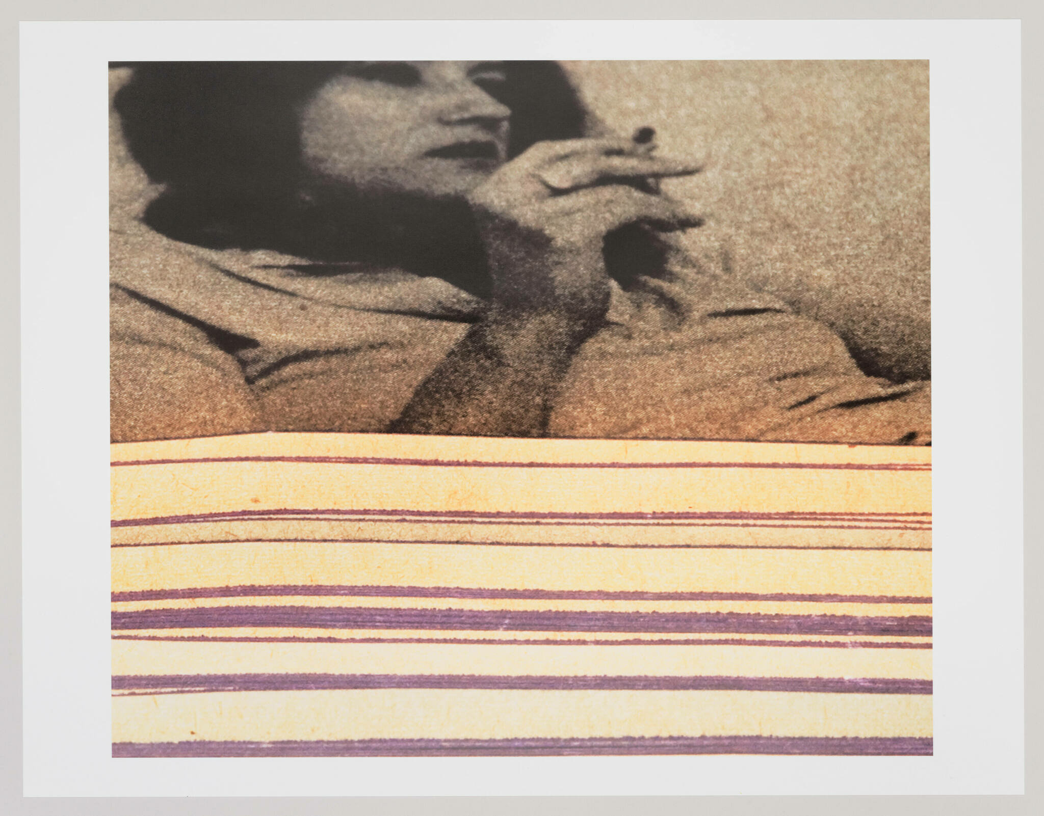 A grainy, vintage-style image of a woman reclining and holding a cigarette, with a striped pattern overlaying the bottom portion of the photo.