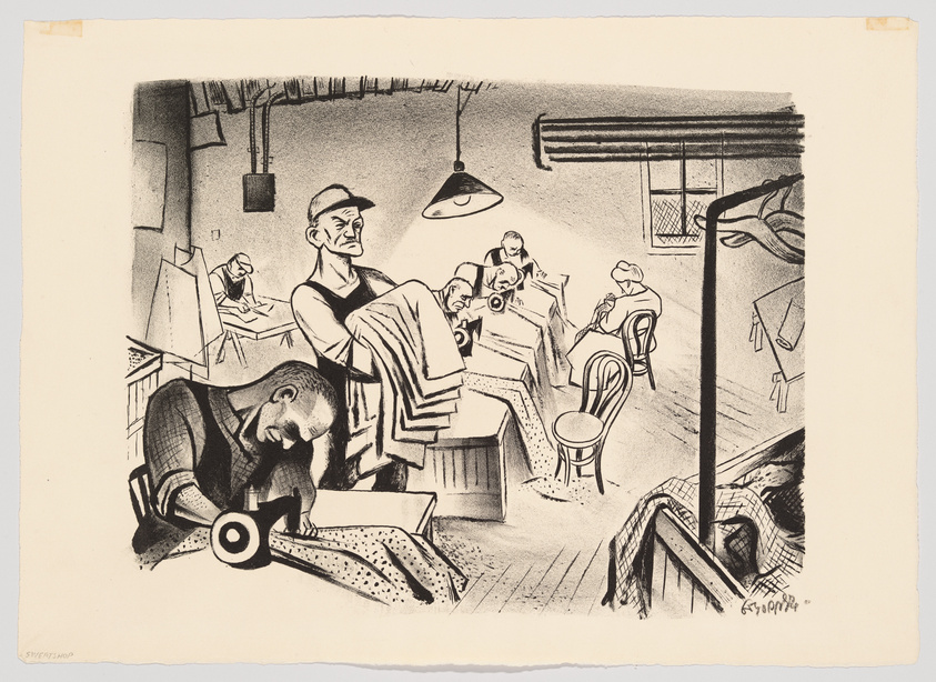 A black and white illustration depicting a scene inside a crowded barbershop with several customers and barbers. In the foreground, a customer is slumped over, seemingly asleep, while getting a haircut. The barber attending to him looks on with a bemused expression. In the background, other customers are being attended to, with one reading a newspaper. The room is lit by a hanging lamp, and there's a window with a barred security grid. The drawing style is exaggerated and cartoonish, with strong lines and shading to emphasize the characters and setting.