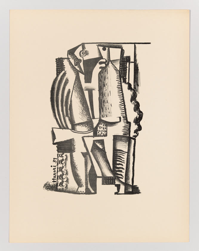 A lithograph by Pablo Picasso depicting an abstract figure with fragmented and rearranged body parts, including a prominent eye, hand, and foot, in a cubist style. The artwork is monochromatic, primarily in black ink on a beige paper, and includes the signature "Picasso" on the lower left side.