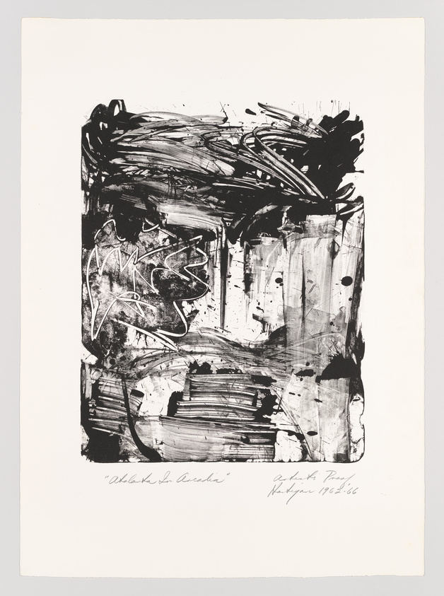 A black and white abstract expressionist print with dynamic brush strokes and splatters. The composition is dominated by dark, bold ink lines against a lighter background. There is handwritten text at the bottom, possibly indicating the title of the artwork and the artist's signature with a date.