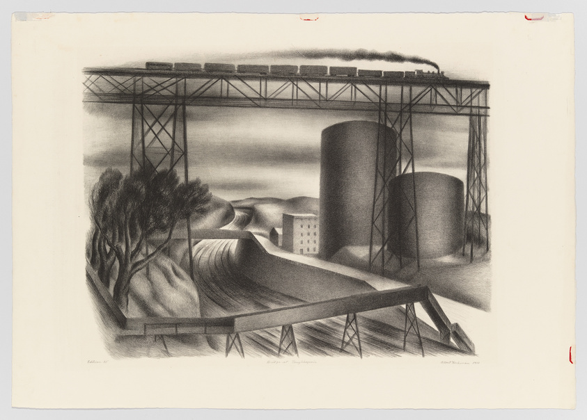 A black and white lithograph depicting an industrial scene with a train crossing a trestle bridge in the background, emitting smoke. In the foreground, there are large cylindrical storage tanks and a small building, with a tree to the left. The landscape is stylized with rolling hills and the entire scene conveys a sense of quiet industry.