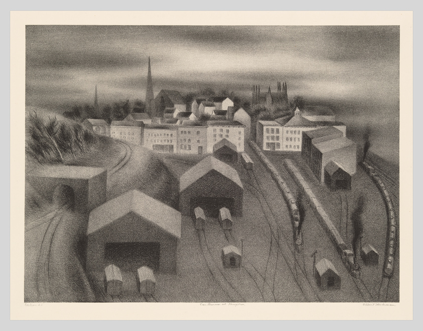Vintage monochrome lithograph of a railway town with buildings, tracks, and a distant church spire under a cloudy sky.