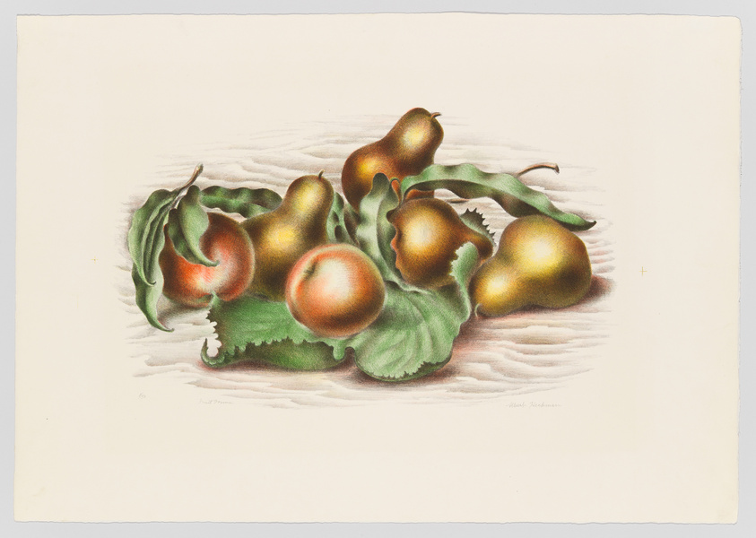 A vintage lithograph depicting a still life arrangement of pears and leaves with a soft shadow on a light background, signed by the artist at the bottom.