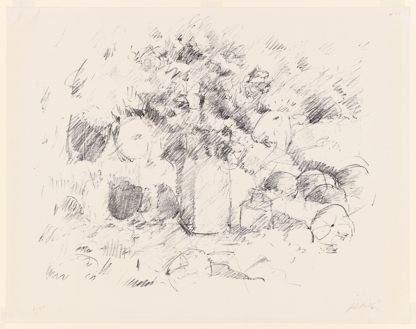 A sketch on paper depicting a chaotic scene with various abstract shapes and lines that suggest a lively, possibly outdoor setting. The drawing is executed with loose, expressive pencil strokes, and there are no clearly defined subjects, leaving the interpretation open to the viewer. The artist's signature is visible in the bottom right corner.