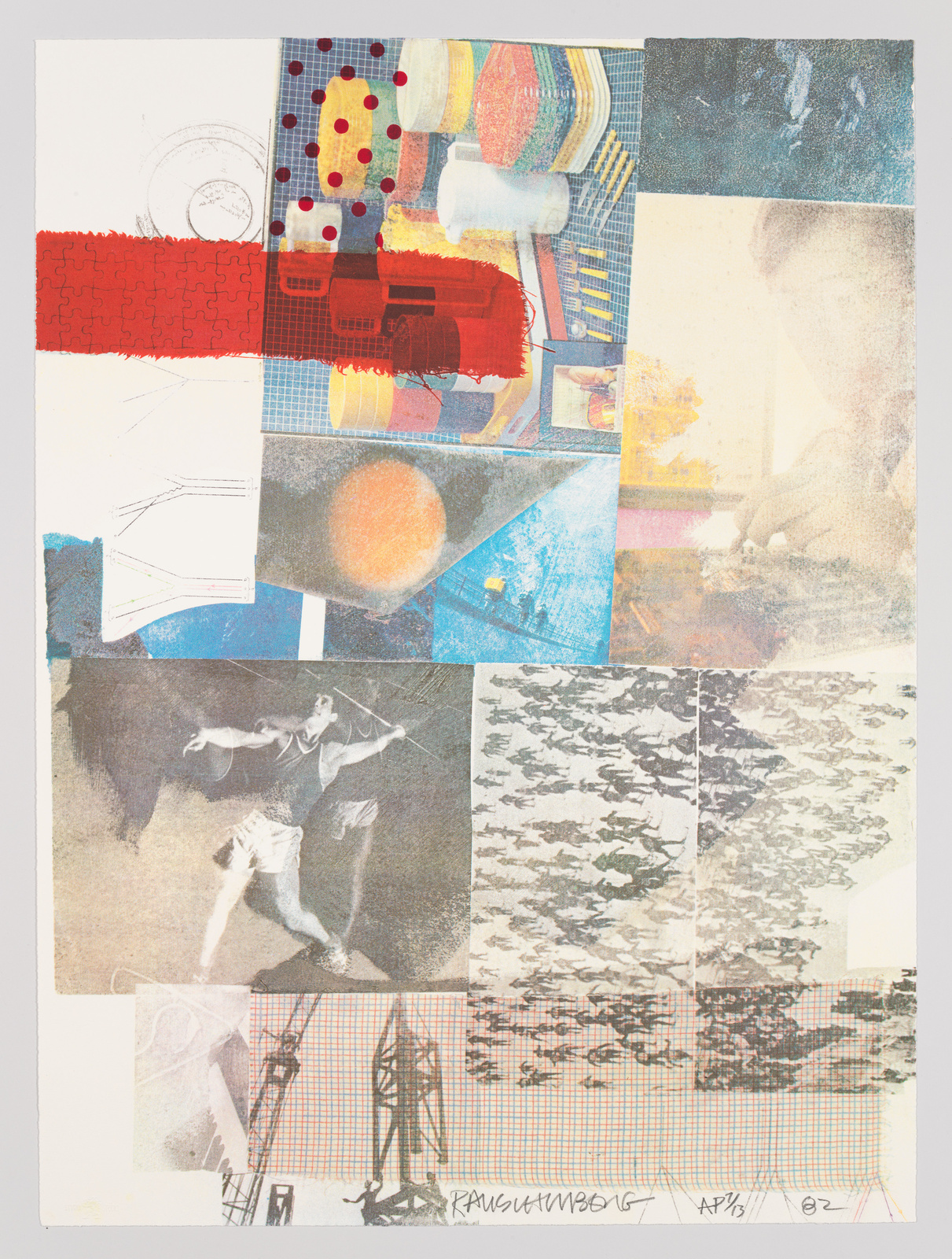 A collage of various images and textures including geometric patterns, a red puzzle piece section, a figure of a dancer, and architectural elements. The artwork features a mix of colors and black and white sections, with some areas appearing faded or overlaid with other images. The bottom right corner contains a signature and edition number.
