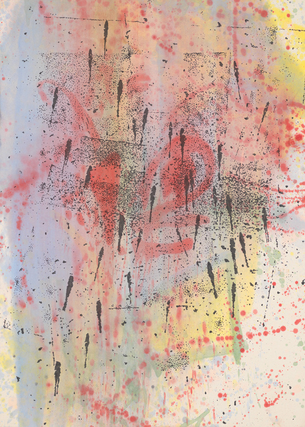 Abstract expressionist painting with vibrant splatters of red, yellow, and black on a muted background, suggesting a sense of chaotic movement or emotion.
