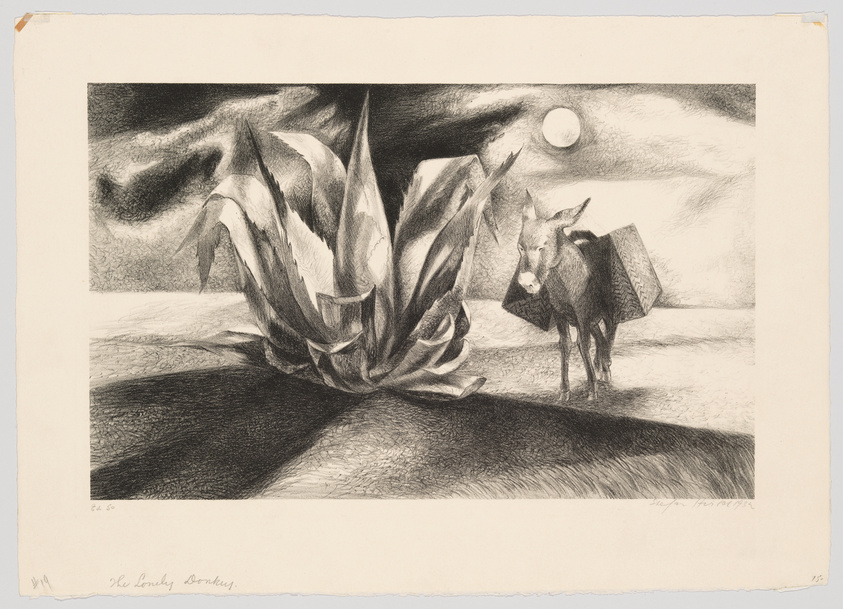 A black and white lithograph titled "The Lonely Donkey" depicting a donkey with a large, leaf-like structure in a surreal, moonlit landscape. The donkey appears to carry textured panels on its back, standing to the right of the central plant form under a sky with clouds and a full moon. The image has a dreamlike, melancholic atmosphere.