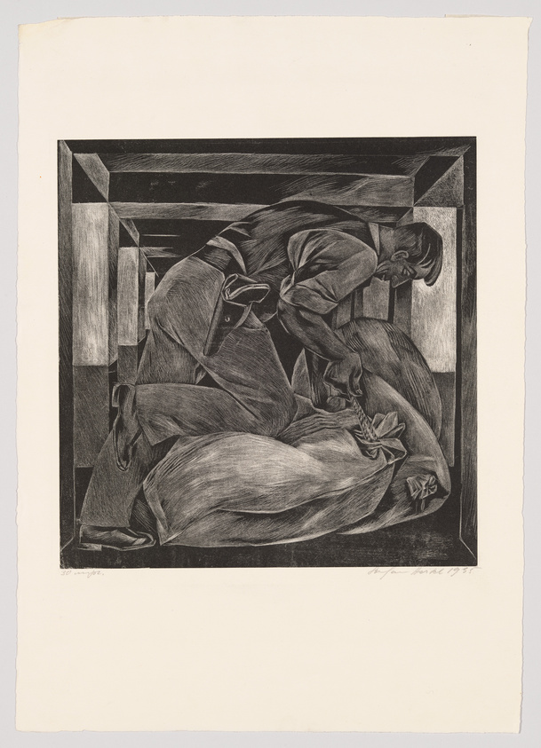 A black and white woodcut print depicting a laborer bending over as he works, surrounded by a geometric framework that suggests an industrial setting. The worker's muscular form and the folds of his clothing are rendered in detailed, expressive lines, conveying a sense of physical strain and movement. The image is signed and dated in the lower right corner.