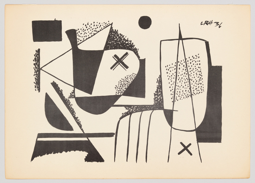 Abstract black and white composition with geometric and freeform shapes, dots, and lines on a beige paper background. The artwork includes crosses, a circle, and various shaded areas, with the artist's initials and the year '34 in the top right corner.