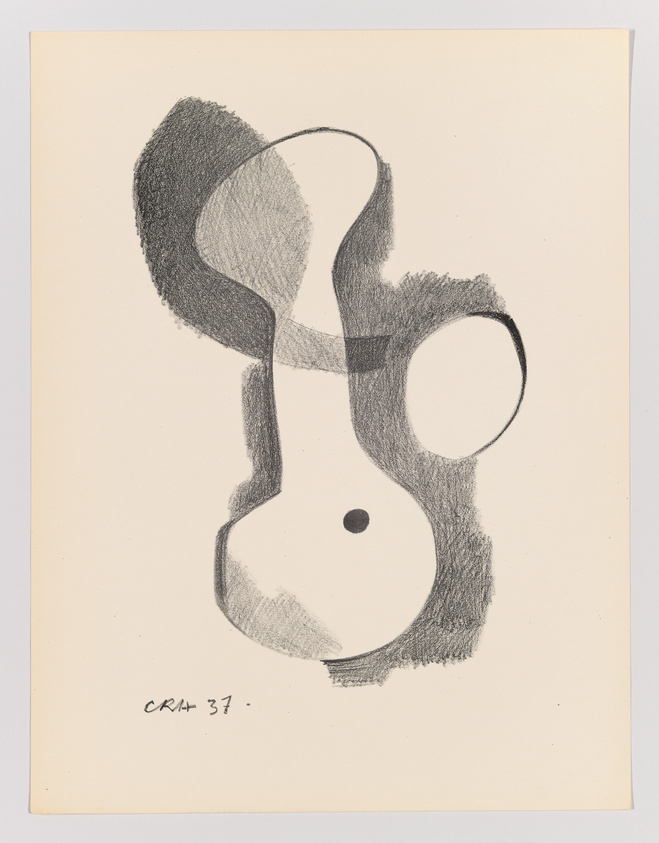 A pencil drawing on beige paper featuring abstract shapes with a fluid, organic feel. The composition includes shaded areas with varying intensity, a prominent loop-like form, and a small solid circle. The artist's signature and the year '37 are inscribed at the bottom.