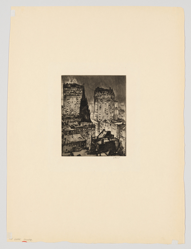 A black and white etching depicting a dense urban scene with towering buildings dominating the skyline. The foreground shows tightly packed houses with various roof shapes, while the background features two prominent high-rise structures with many windows, giving a sense of a bustling cityscape. The etching is centered on a beige paper with a rough edge on the right side and a caption "THE DARK TOWER" in the lower left corner.