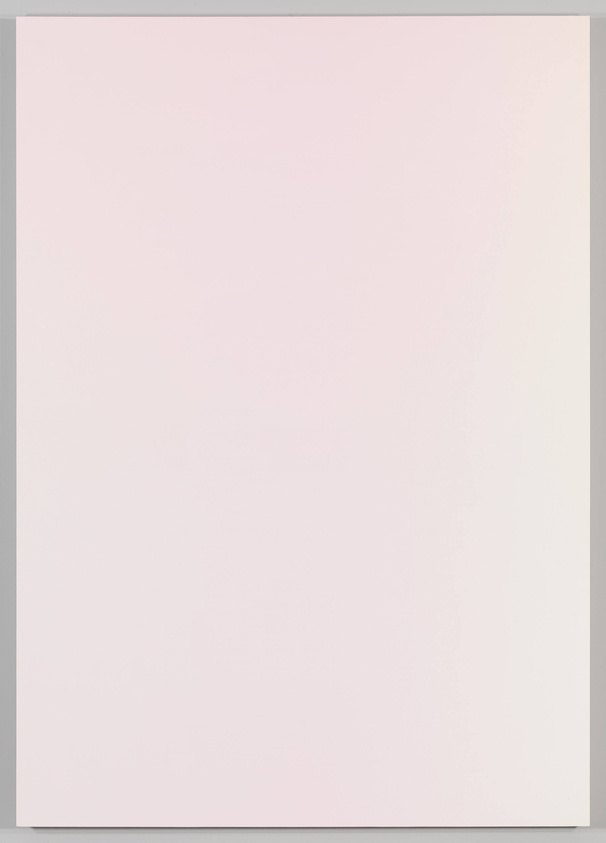 A blank white canvas with a very faint pink hue, possibly due to lighting or the color of the wall behind it.