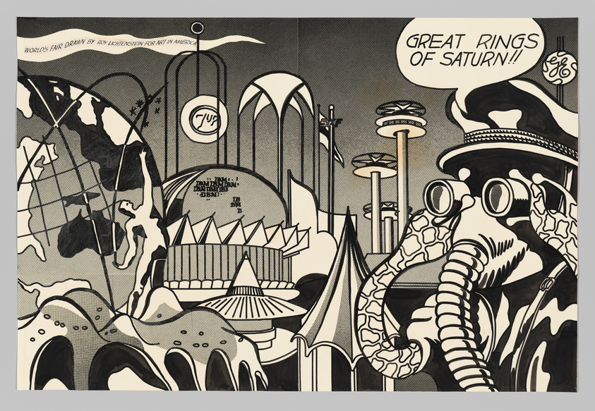 A futuristic scene with a person in goggles exclaims, "Great rings of Saturn!" amidst space-themed architecture.