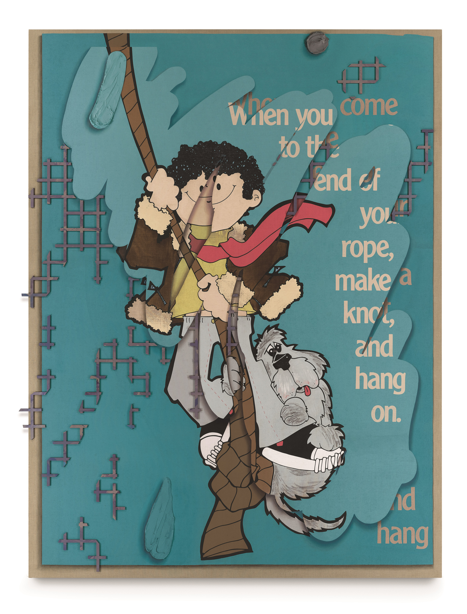 Illustration of a curly-haired person in a sheepskin jacket and red scarf climbing a rope, with a dog biting onto the person's pants. The background is teal with abstract shapes and ladders, and there's a motivational quote saying, "When you come to the end of your rope, make a knot, and hang on."
