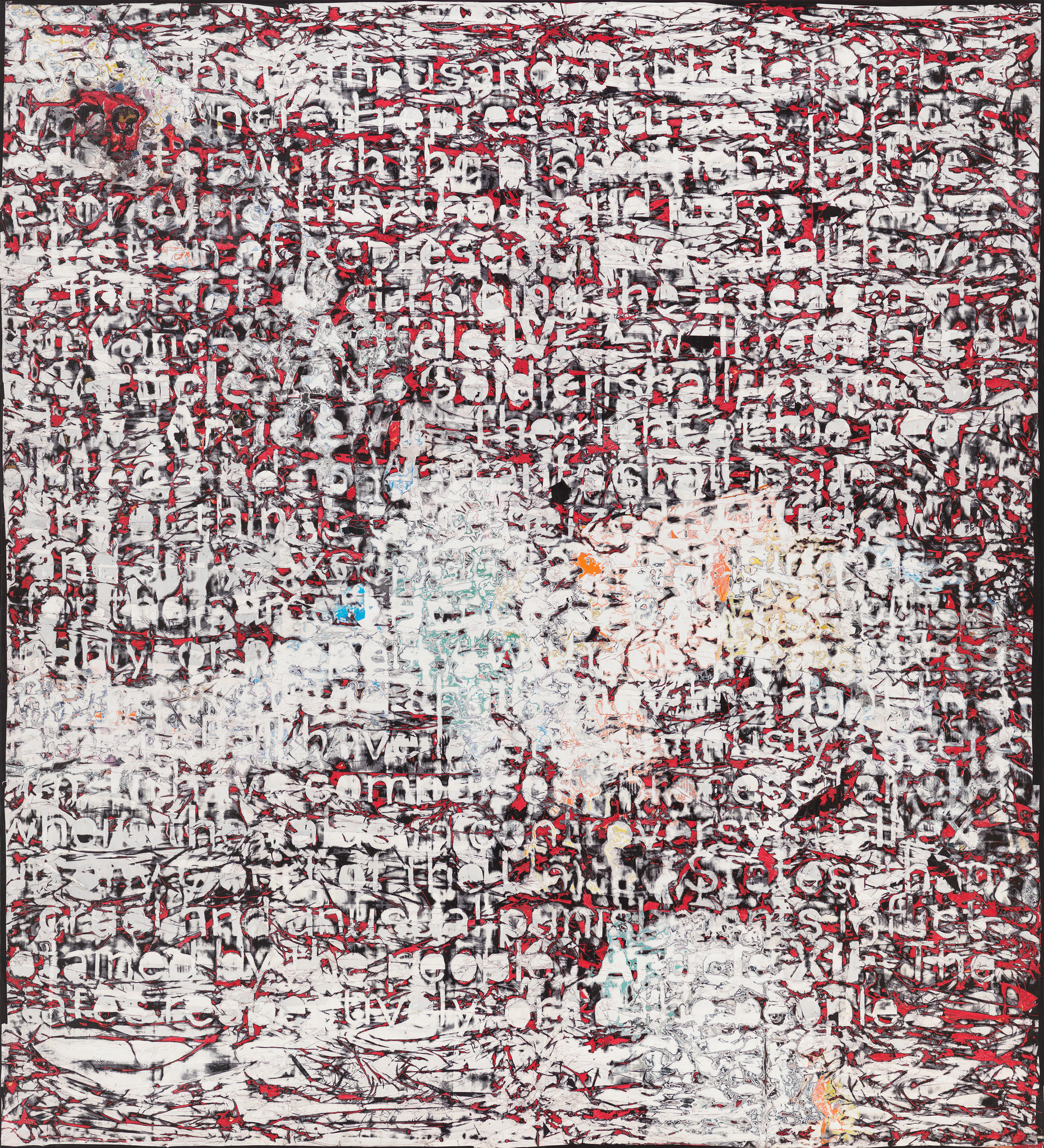 A chaotic overlapping of red, white, and black cut-up and scratched letters.