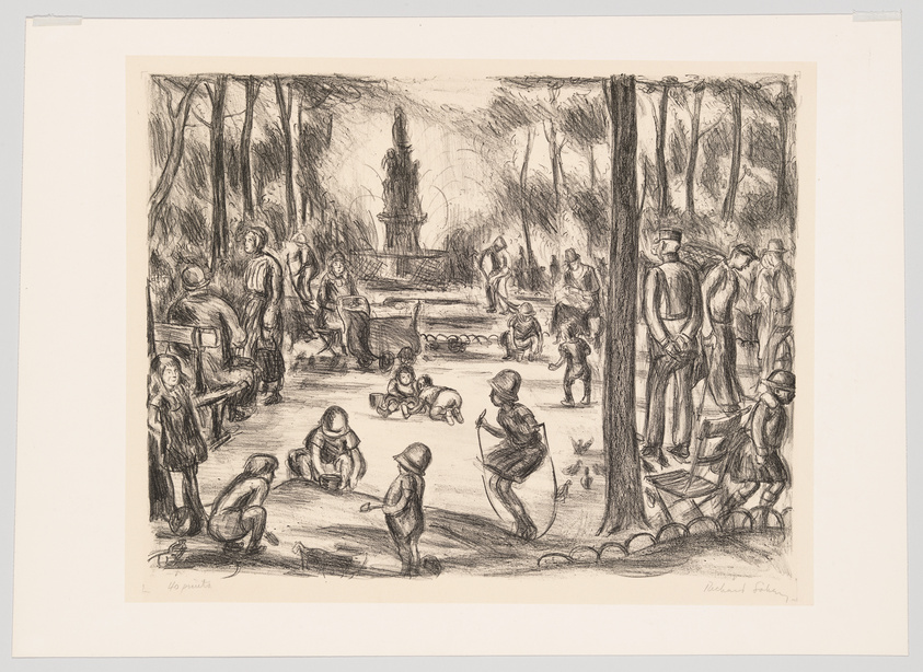 A detailed black and white sketch depicts a lively park scene with numerous figures, including children playing and adults standing or sitting on benches. In the background, a fountain serves as a central focal point, surrounded by trees that frame the setting. The artwork conveys a sense of casual, everyday life with dynamic human interactions.