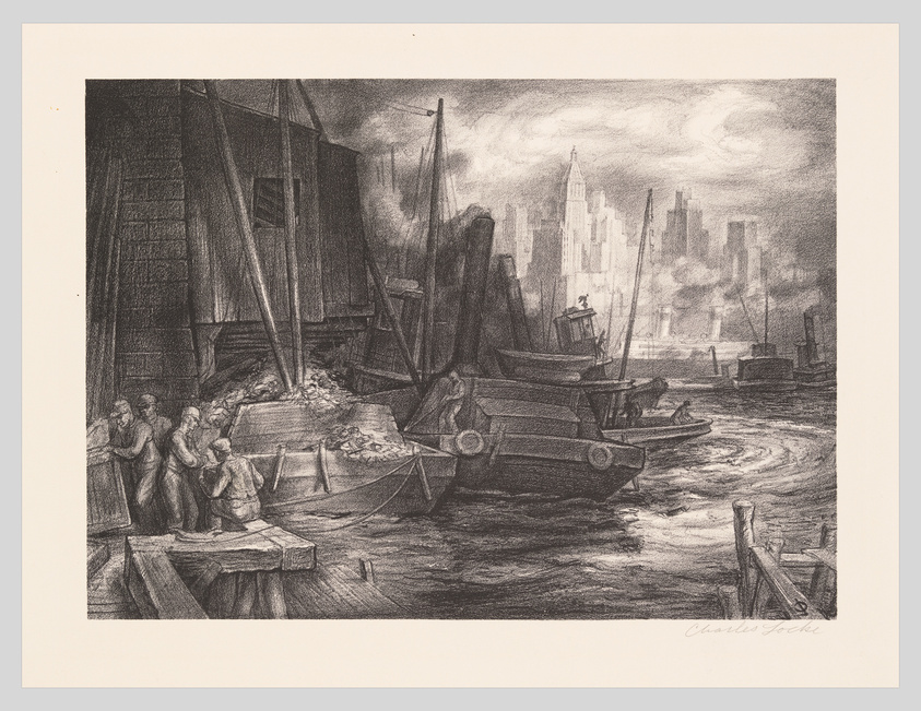 Vintage etching of a bustling harbor with boats and figures, against a backdrop of distant city buildings.