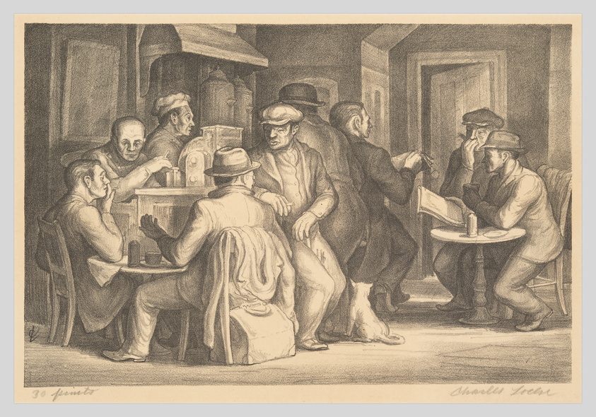 Vintage sketch of men engaging in animated discussions and drinking at tables in a dimly lit tavern.
