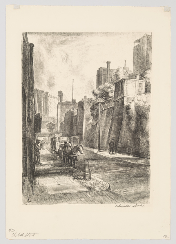 A detailed etching depicting a narrow street scene from a bygone era, with buildings towering on either side and laundry hanging across the alley. In the foreground, a horse-drawn cart is being loaded by a figure, while another person leans against a building in the shadows. Further down the street, individuals are seen going about their day. The artwork is signed "Charles Locke" in the lower right corner and titled "The Old Street" at the bottom left.