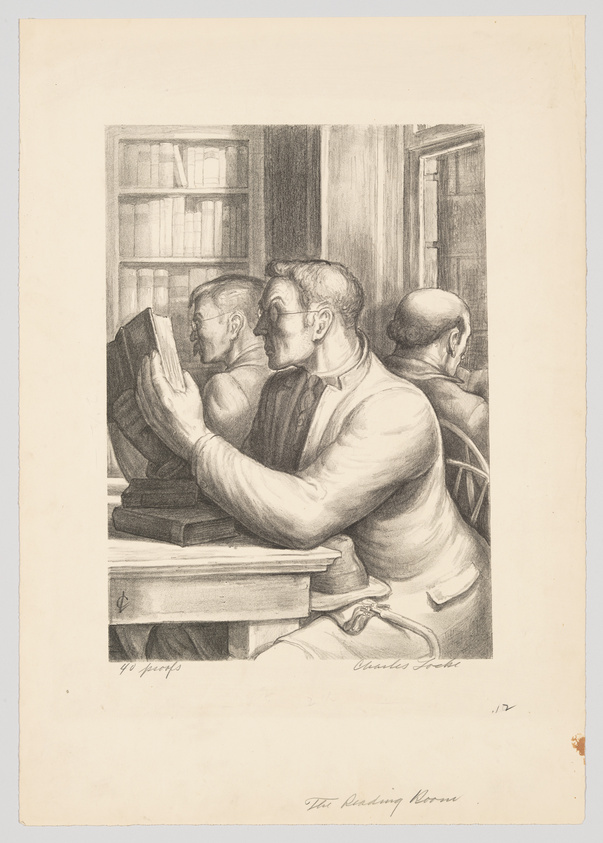 A vintage pencil drawing depicting three men in a library setting, each absorbed in reading. The man in the foreground is leaning on a stack of books, holding one open with his left hand. The middle man is shown in profile, also reading, while the third man's back is turned to the viewer. A window with books on the sill and an open door are visible in the background. The artwork is signed at the bottom and titled "The Reading Room."
