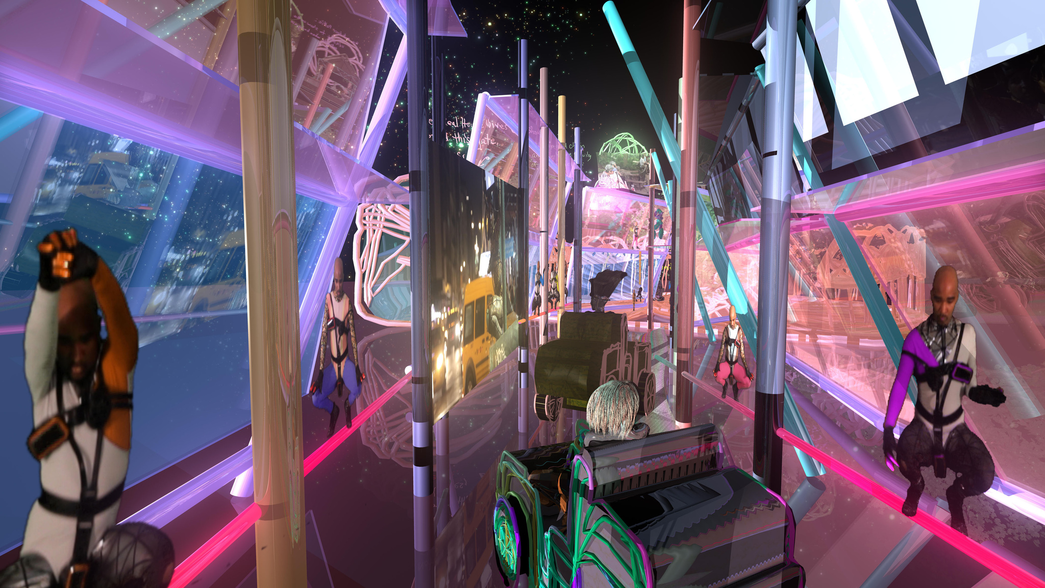 Futuristic scene with neon lights, transparent structures, and people in sci-fi suits. A vehicle moves through the vibrant, surreal environment.