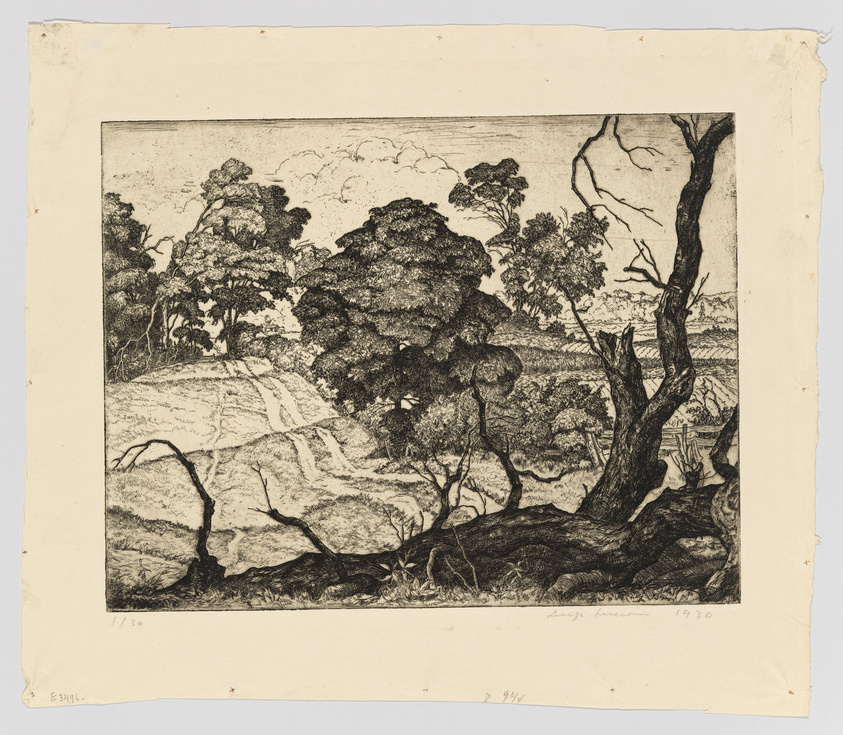 This is an etching of a pastoral landscape scene, featuring a variety of trees with dense foliage in the foreground and middle ground. A path winds through the trees, and the background shows a lightly sketched-in distant landscape under a cloudy sky. The etching is detailed, with fine lines depicting the textures of the trees and grass. The artwork is dated 1930 and includes a signature in the lower right corner. The print is numbered 1/30 in the lower left corner, indicating it is part of a limited series. The paper shows signs of aging around the edges.