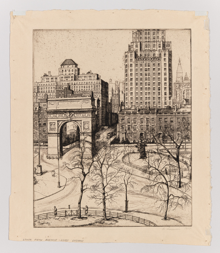 A detailed etching depicting a cityscape with a prominent arch in the foreground, surrounded by leafless trees and a park setting. In the background, various buildings of different heights, including a tall, ornate high-rise, create a dense urban skyline. The artwork has a vintage feel, and there is text at the bottom that appears to be the title and artist's signature. The paper on which the etching is made has rough, uneven edges, suggesting age.