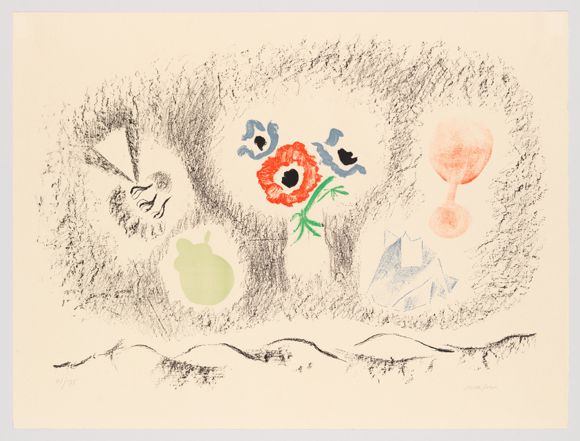 A colorful abstract artwork featuring a variety of shapes and symbols on a cream-colored background. On the left, there is a green apple-like shape and a black sketch that resembles a hand holding a white triangle. In the center, a red flower with a green stem stands out, flanked by two smaller blue flowers. To the right, there is a pinkish-orange goblet shape and a blue geometric figure resembling a folded paper or origami. The bottom of the image shows a wavy line, suggesting a landscape, and the artwork is numbered and signed by the artist.