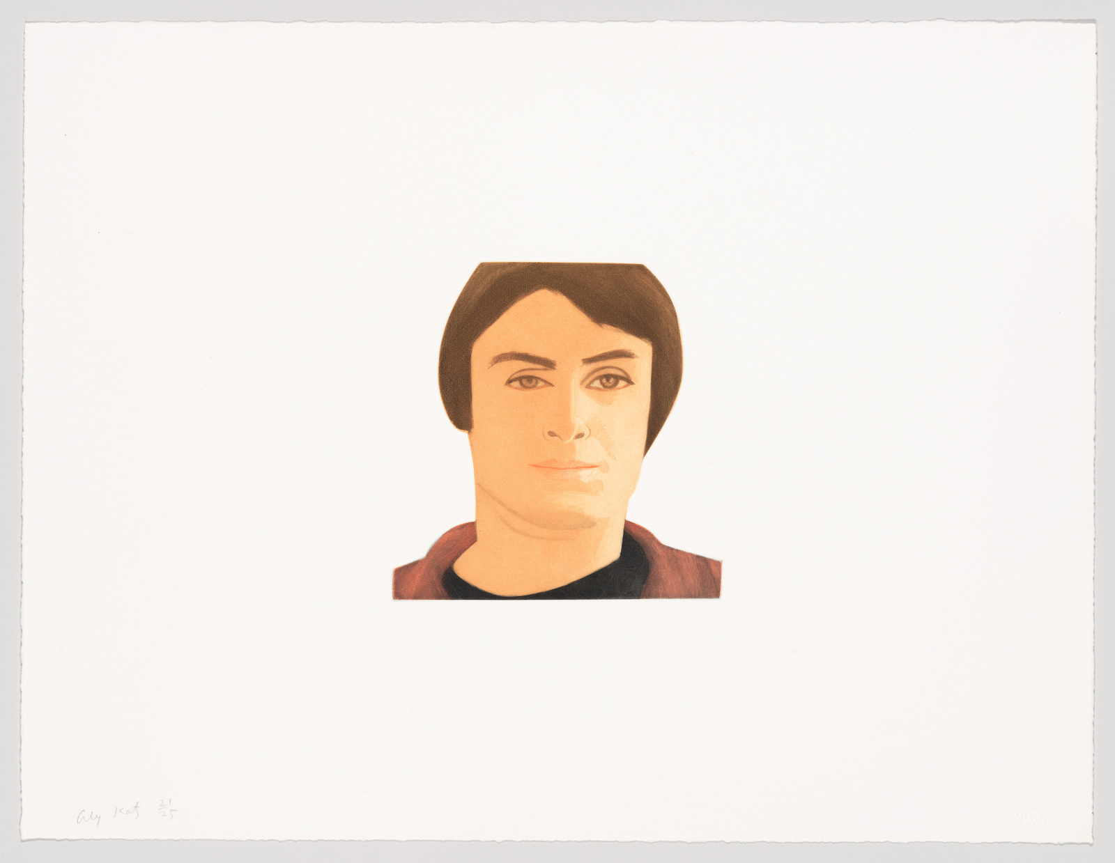 A stylized portrait of a person with short dark hair and a neutral expression centered on a white background, with a signature and edition number on the lower left.