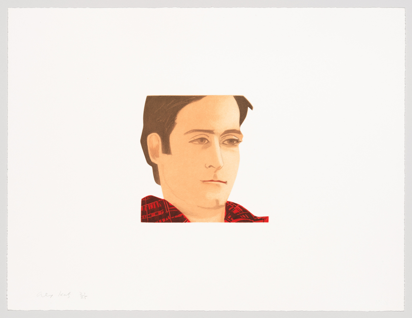 Illustration of a man's face and partial torso with a serious expression, wearing a red plaid shirt. The artwork has a minimalist style and is centered on a white background with the artist's signature and date on the bottom left.