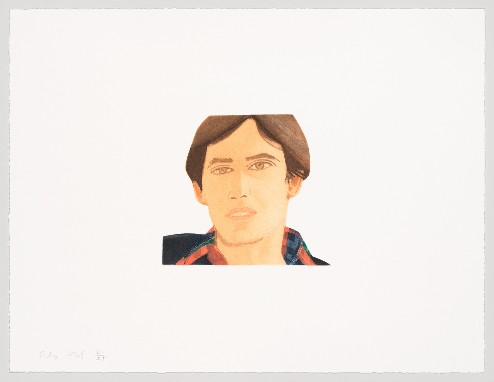 Illustration of a person's face with a neutral expression, featuring prominent eyes and dark hair, set against a white background with ample blank space around the subject. The artwork has a signature and edition number on the bottom left.