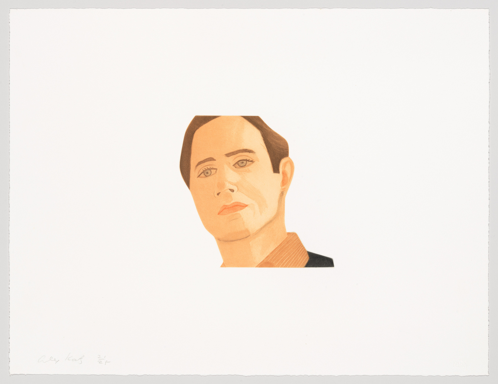 Illustration of a stylized portrait of a person with a neutral expression, featuring a frontal view of the face and a profile view of the right side, against a white background with the artist's signature and date in the lower left corner.