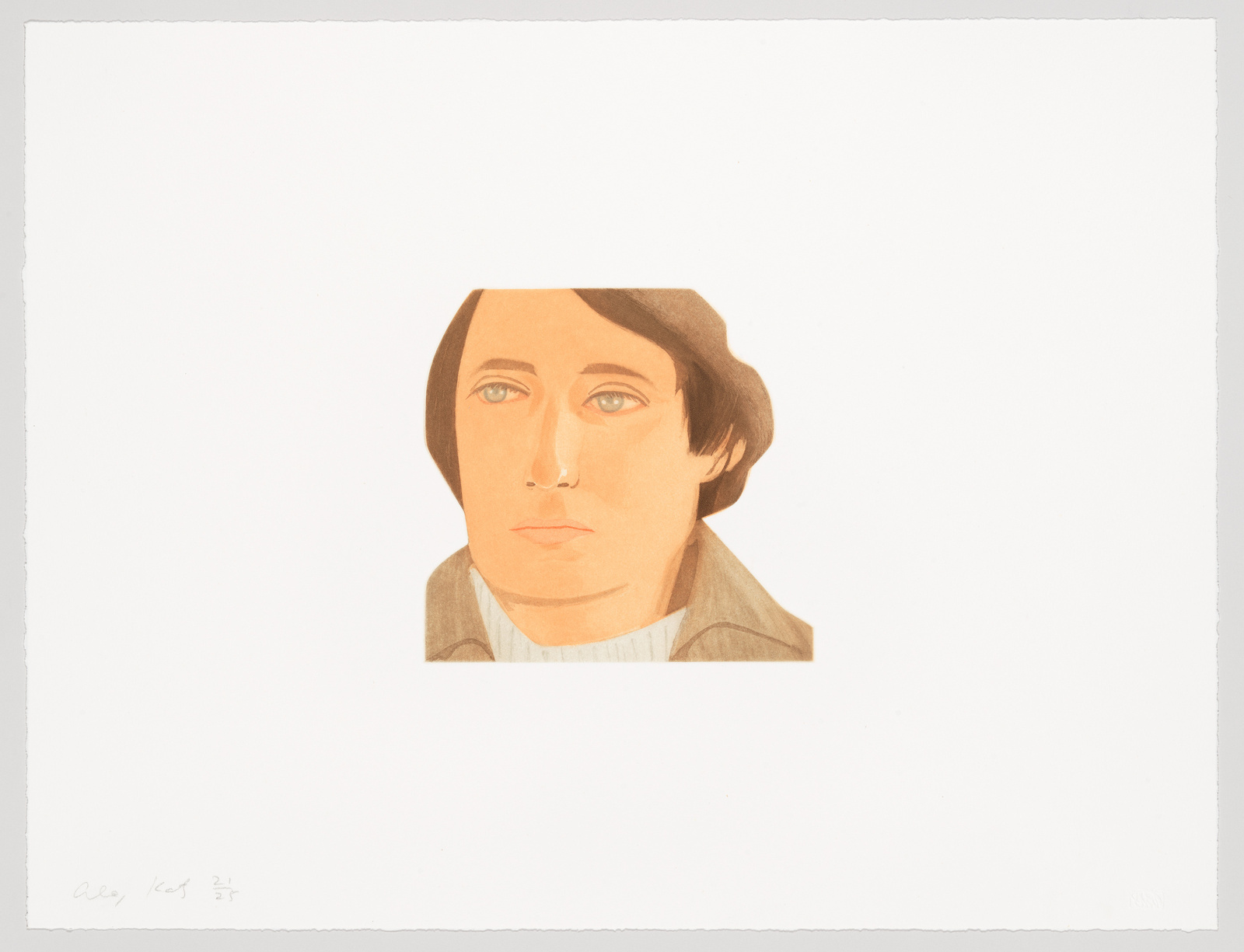 Illustration of a person's face with a neutral expression, depicted in a cut-out style against a white background. The artwork has a signature and edition number on the bottom left.