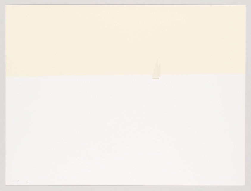 A minimalist artwork featuring a large expanse of white space with a small, solitary paper boat placed in the lower center, set against a pale yellowish backdrop that creates a subtle horizon line. There is a signature in the bottom left corner.