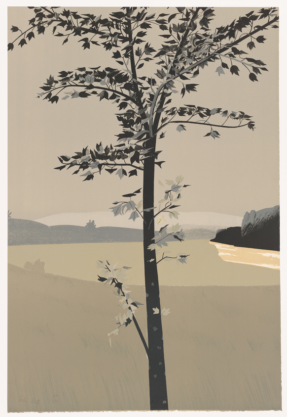 A stylized artwork depicting a solitary tree with dark and light leaves against a muted background of beige and soft yellow fields, with a hint of a blue water body and distant hills. The scene conveys a serene, almost autumnal atmosphere.
