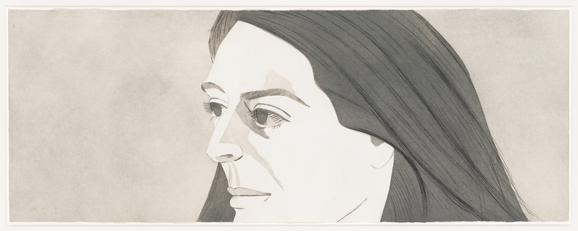 A pencil sketch of a woman in profile with detailed shading and fine lines depicting her facial features and hair. The artwork is monochromatic, using various shades of gray on a light background, and there's a signature at the bottom left corner.