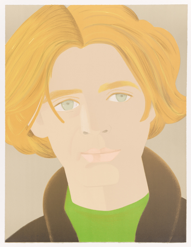 Illustration of a person with blond hair and green eyes wearing a green shirt and brown jacket.