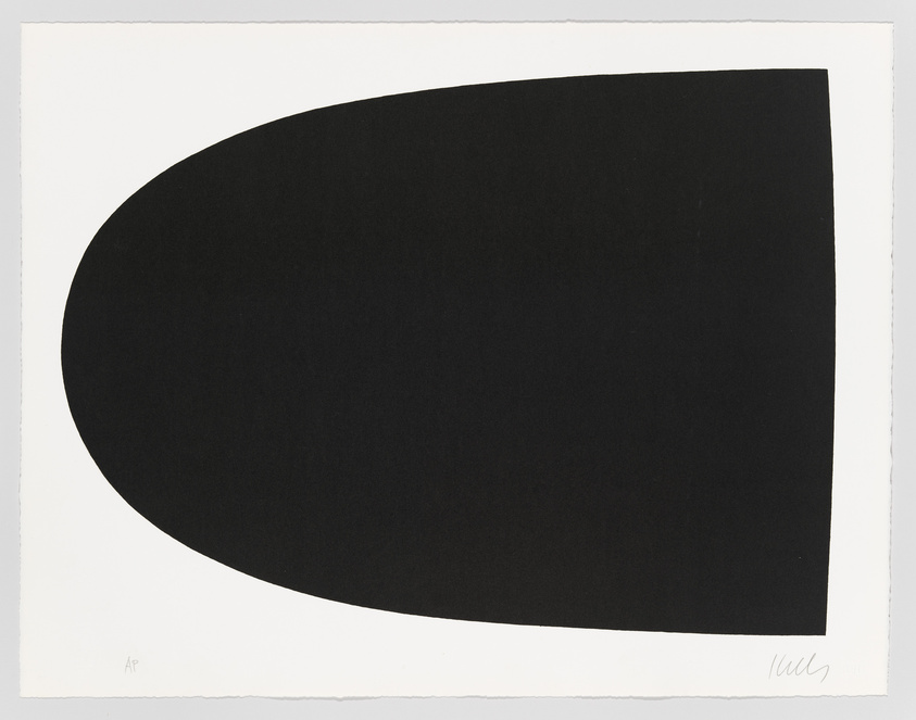 A graphic print featuring a large, solid black semicircular shape against a white background, with the artist's signature and an edition mark on the lower right and left corners respectively.