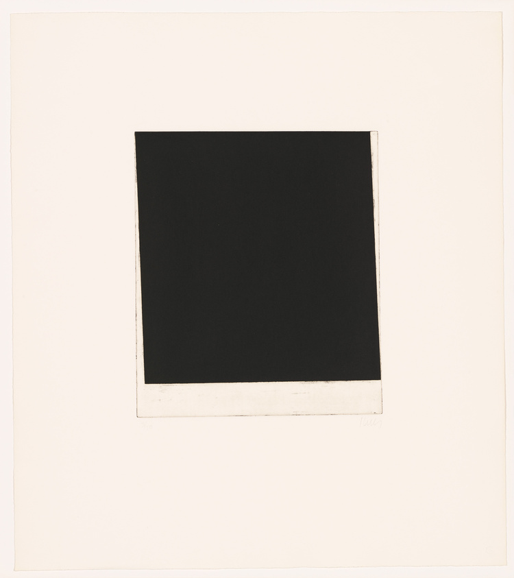 A minimalist artwork featuring a black square centered on a white background with a visible border and signature at the bottom right.