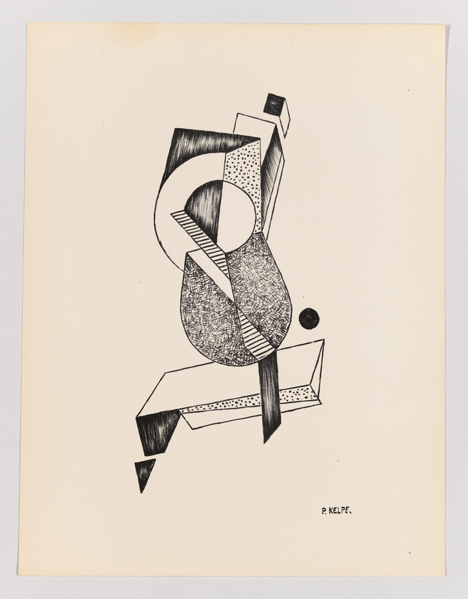 A black and white abstract drawing featuring geometric and organic shapes intermingled with textured patterns on an off-white paper. The signature "P. KELPE" is visible at the bottom right.