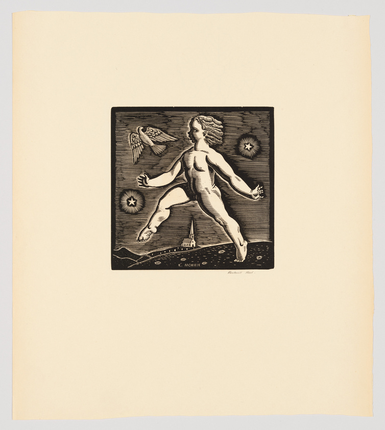 A black and white woodcut print depicting a nude figure striding across a starry sky with a bird flying nearby. The figure appears to be walking between two stars, with a small town depicted below one foot. The print includes the Roman numeral date "MCMXIX" (1919) and is signed by the artist in the lower right corner. The artwork is centered on a cream-colored paper with ample margins.