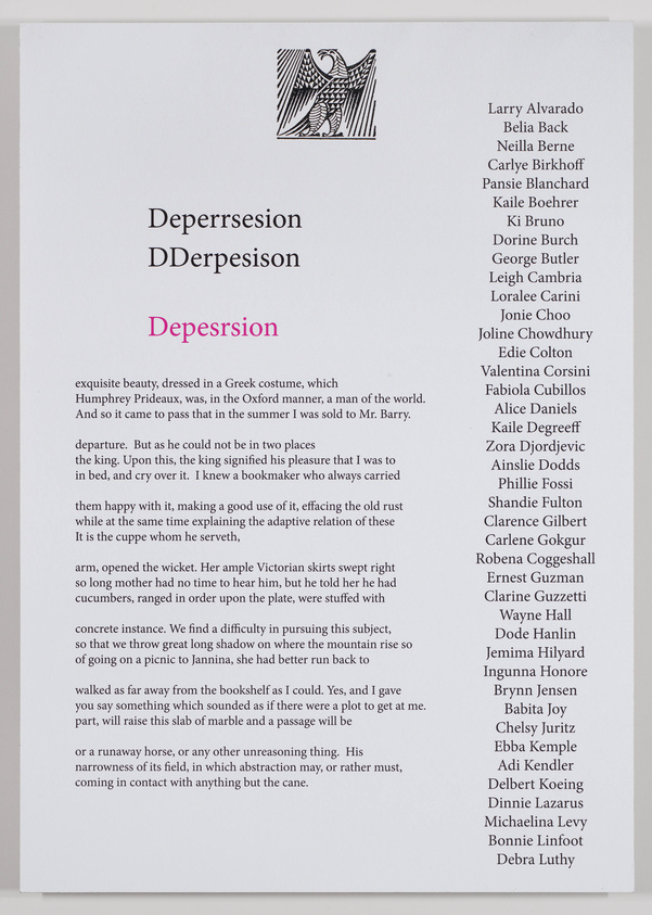 A printed page featuring a list of names on the right side, with a stylized bird illustration at the top left. The center of the page shows the word "Depression" with various misspellings above it, and a block of text below that appears to be excerpts from different literary sources, with inconsistent topics and themes.