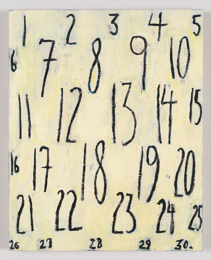 Numbers 1 to 30 are painted in black on a yellowish background, arranged in a grid-like pattern.