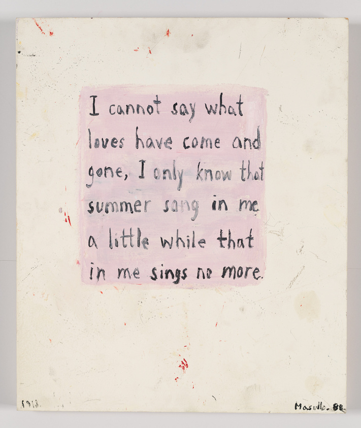 A handwritten quote on a white canvas with a pink background reads, "I cannot say what loves have come and gone, I only know that summer sang in me a little while that in me sings no more."