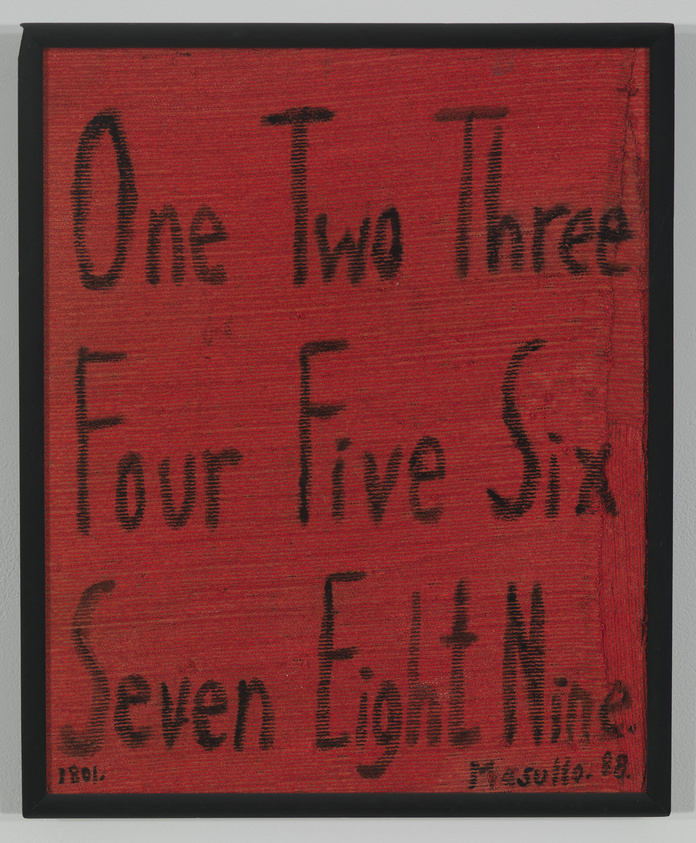 A textured red canvas with the numbers one to nine written out in black text, each number on a separate line. The words "One Two Three" are at the top, followed by "Four Five Six" in the middle, and "Seven Eight Nine" at the bottom. In the lower left corner, there is a date "1801." and in the lower right corner, there is a signature "Mesquita '89." The canvas is framed in black.