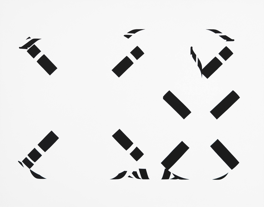 A minimalist black and white artwork featuring an abstract arrangement of geometric shapes that suggest the form of a panda.