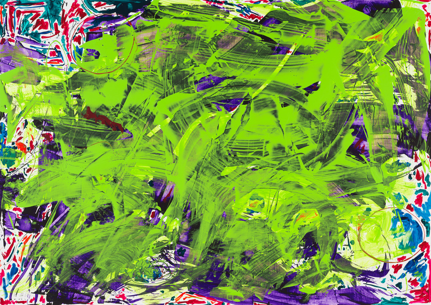 Vibrant abstract painting with bold green brushstrokes and splashes of red, blue, and yellow.