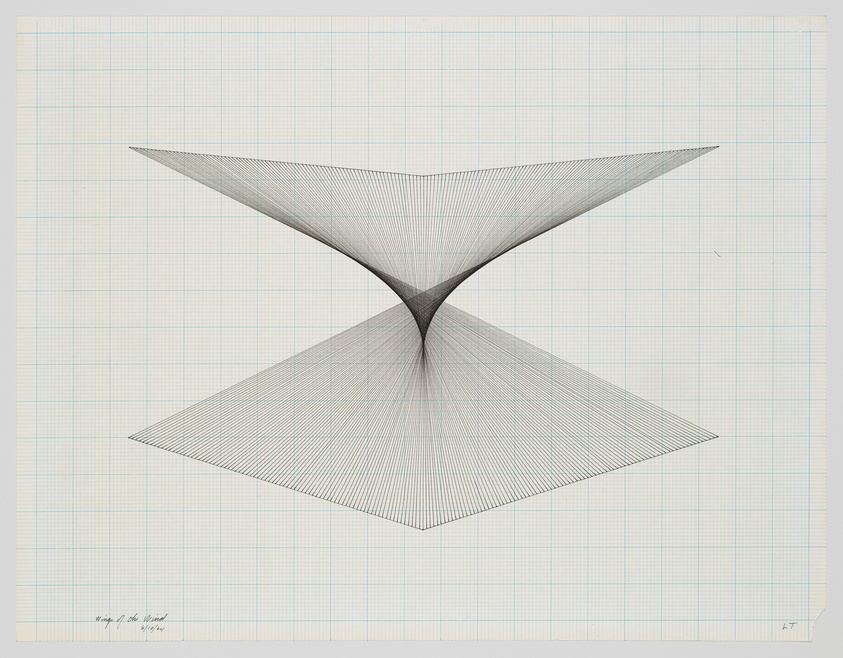 Graph paper with a symmetrical abstract hyperbolic paraboloid shape drawn in fine lines, creating a 3D effect.