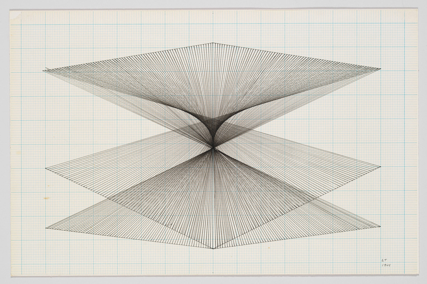 On gridded paper, three horizontally stretched, diamond-like shapes stack on top of each other. Finely drawn lines shoot out at diagonals and give the shapes dimension, like geometric craters folding in on each other.