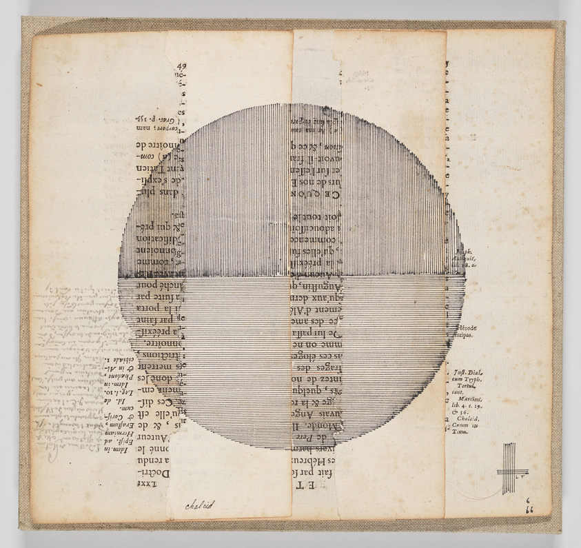 An aged document with handwritten notes and a central circular diagram composed of dense, horizontal lines.